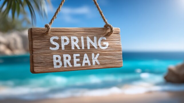 A sign hanging from a tree that says Spring Break