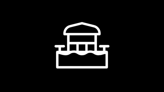 Simple line art icon of a tiki bar on a black background, representing tropical relaxation