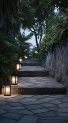 Obraz premium Serene Vertical Pathway of Stone Surrounded by Lush Greenery and Lanterns