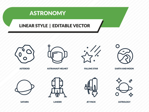 astronomy icons set - asteroid, astranaut helmet, falling star, jet pack, astrology outline vector collection.