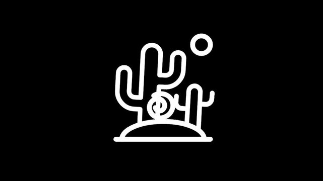 Stylized white line art of desert cacti and sun on a black background