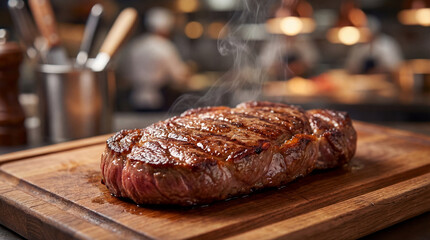 Steak rests on wooden board with steam rising in busy restaurant kitchen during evening meal prep time