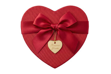 red heart-shaped gift box with red ribbon and forever yours gold charm top view isolated