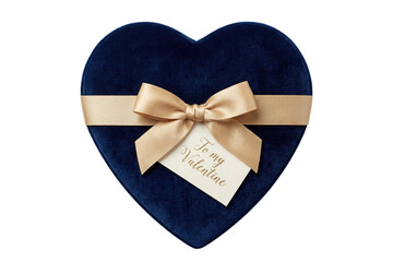 blue velvet heart shaped gift box with gold ribbon and valentine tag top view isolated