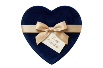 blue velvet heart shaped gift box with gold ribbon and valentine tag top view isolated