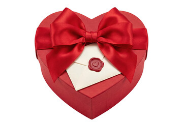 red heart shaped gift box with red ribbon and sealed envelope top view isolated