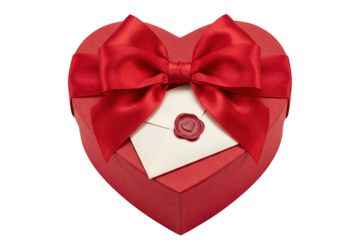 red heart shaped gift box with red ribbon and sealed envelope top view isolated