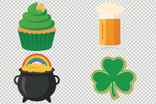 St. Patrick&rsquo;s Day festive icons set including beer, cupcake, cauldron gold and shamrock vector illustration