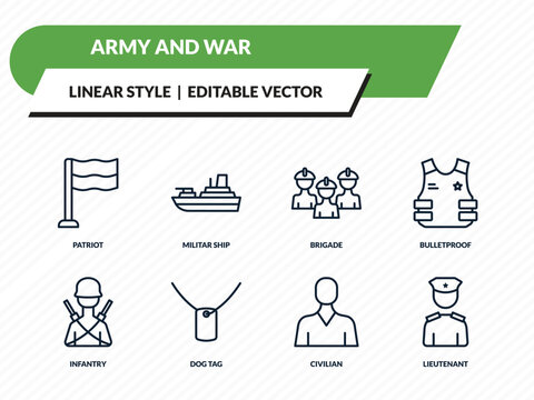 army and war icons set - patriot, militar ship, brigade, civilian, lieutenant outline vector collection.