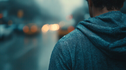 Person in blue jacket under rain on city street, wet fabric, car light bokeh, cinematic evening mood
