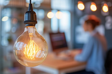 A woman is sitting at a desk with a light bulb hanging from the ceiling
