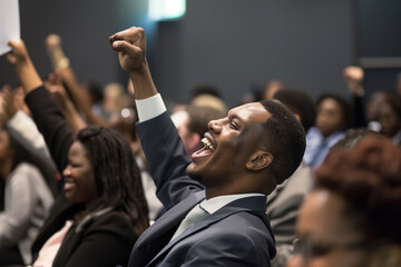 A man in a suit is smiling and raising his hand in the air