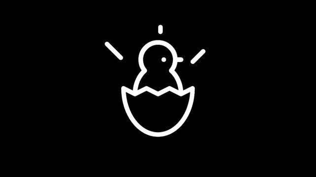 Simple white line art icon of a chick hatching from an egg on a black background