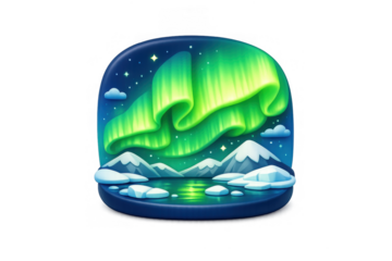 Aurora borealis icon with vibrant waves over snowy mountains and icy landscape