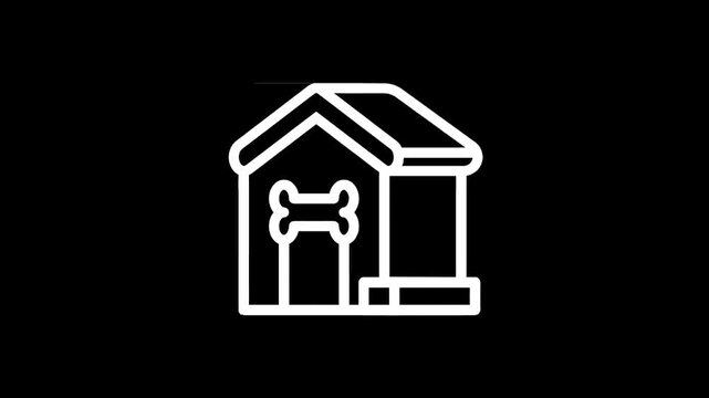 Simple line art icon of a dog house with a bone symbol on a black background