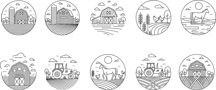 Minimalist farm icons, barn, tractor, horse, chicken, wheat, field, rural landscape, black and white, line art, agriculture, vector set