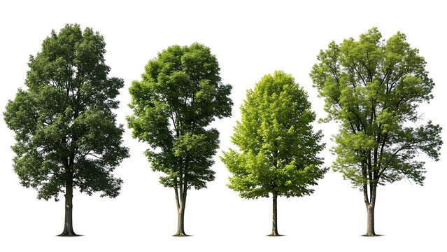 isolated green trees cut out on a pure white background offering natural elements for architectural rendering and digital landscape design projects