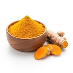 Wooden bowl filled with turmeric powder next to fresh turmeric roots
