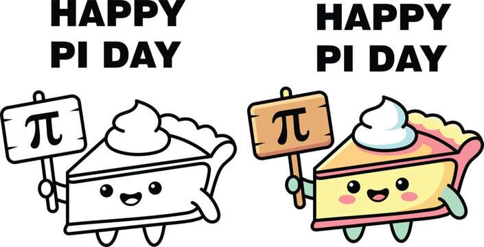 Happy Pi Day cute pie slice cartoon holding sign in color and black line art vector illustration