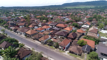 Aerial View of a Densely Populated Village with Terracotta Roofs and Green Hills