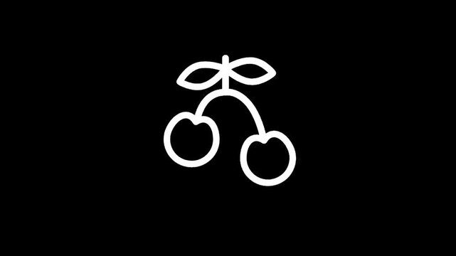 Simple white line art icon of two cherries on a stem with leaves against a black background
