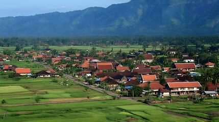 Aerial View of a Rural Village Nestled Among Lush Green Fields and Rolling Hills