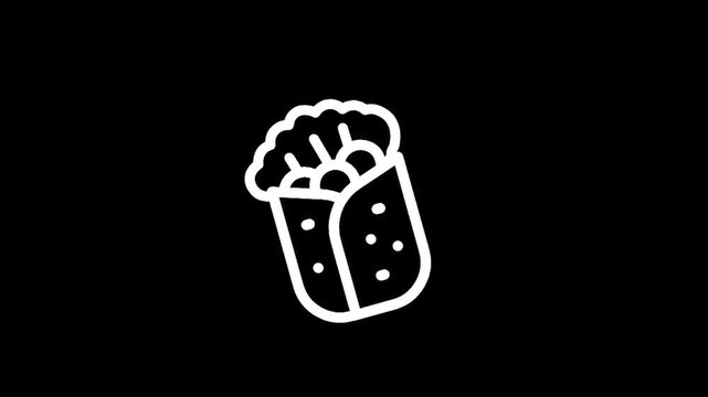 Simple white line art icon of a delicious shawarma wrap on a black background
