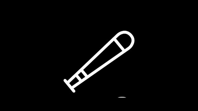 Simple white baseball bat icon on a black background, minimalist sports equipment illustration
