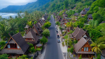 Aerial View of Coastal Village with Thatched Roof Houses and Winding Road