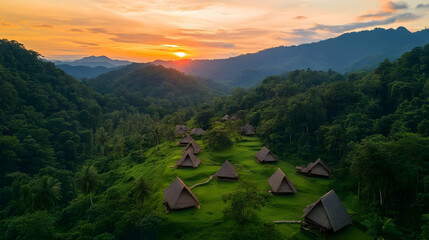 Aerial View of a Tropical Village at Sunset