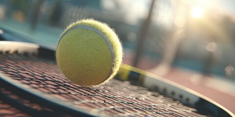 Close-Up of Tennis Ball on Racket with Blurred Court and Sunlight Background