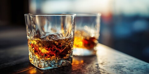 Close-Up of Two Whiskey Glasses Against Colorful Background