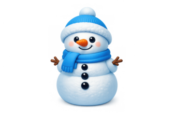 Cute cartoon snowman icon with blue hat and scarf for winter and holiday decoration