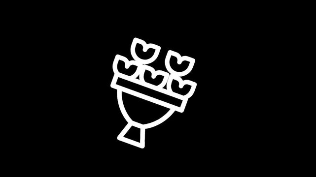 Simple white line art icon of a bouquet of flowers in a vase on a black background