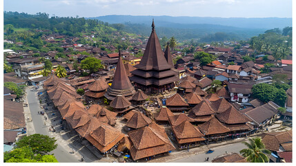 Aerial View of Traditional Indonesian Village with Brown Wooden Houses and Unique Conical Roofs