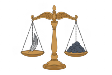 Golden scale with feather and stones balance isolated on a transparent background