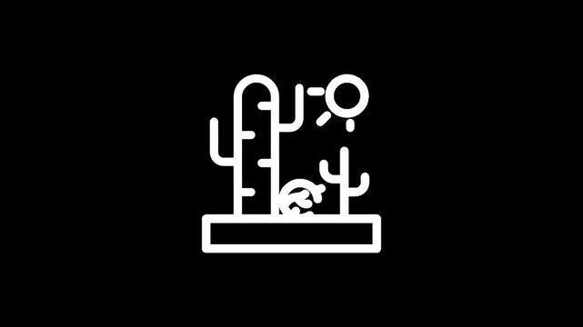 Stylized desert landscape with saguaro cacti and a sun icon on a black background