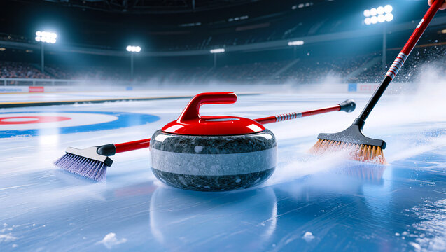 Curling Stone and Brooms on a Vibrant Ice Rink