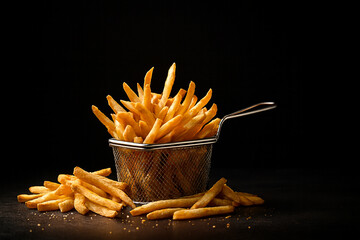 Crispy French Fries in Metal Basket &ndash; Dark Background Food Photography