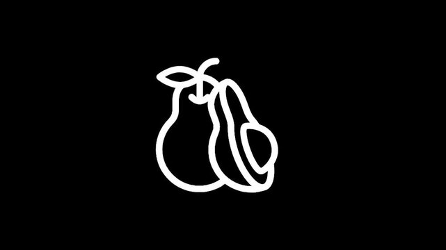 Simple white line art of a whole avocado and a halved avocado on a black background
