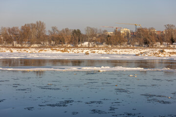 Warsaw, winter landscape of the Polish capital. A walk along the Vistula River.