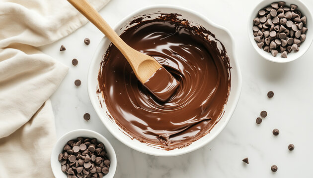 Melted chocolate chips in baking dish, wooden spatula swirls rich brown mass. Bowls with raw chocolate chips near on white marble table