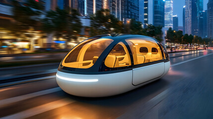 Autonomous Vehicle Driving on City Street at Night