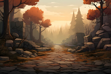 Autumnal Forest Path with Stone Ruins