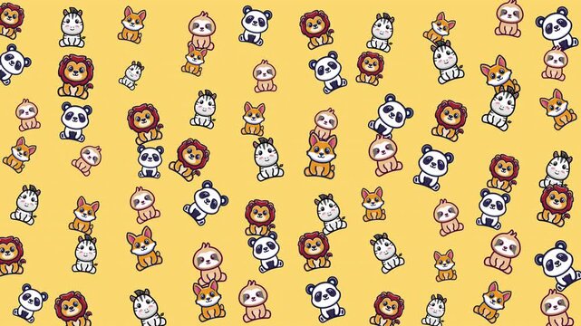 Displays a repeating pattern of cute animal cartoon illustrations. Perfect for childrens stationery, wrapping paper, apparel design, and home decor.
