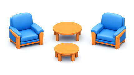 Blue Armchairs and Wooden Coffee Tables Set