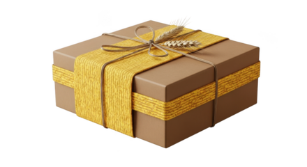 Square brown gift box tied with yellow textured ribbon and wheat stalk decoration