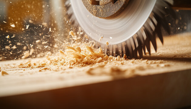 A circular saw blade in action cutting through wood with flying sawdust illuminated by golden light, symbolizing industrial work,