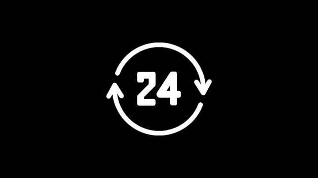 Simple white 24 hour service icon with circular arrows on black background
