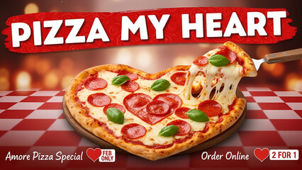 Delicious pepperoni heart shaped pizza special advertisement featuring incredible cheese pull perfect for a romantic february dining experience